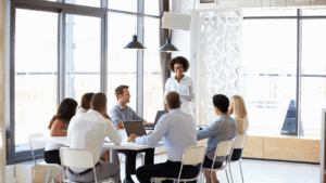 employees talking during a meeting