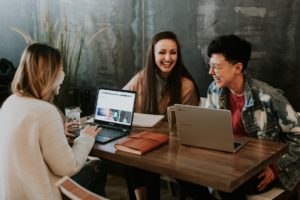 Coworkers discussing employee engagement