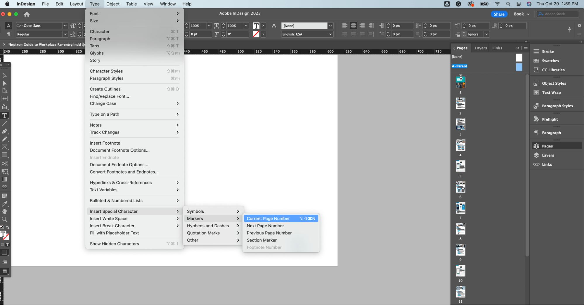 visual of setting up page numbers in InDesign ebook template
